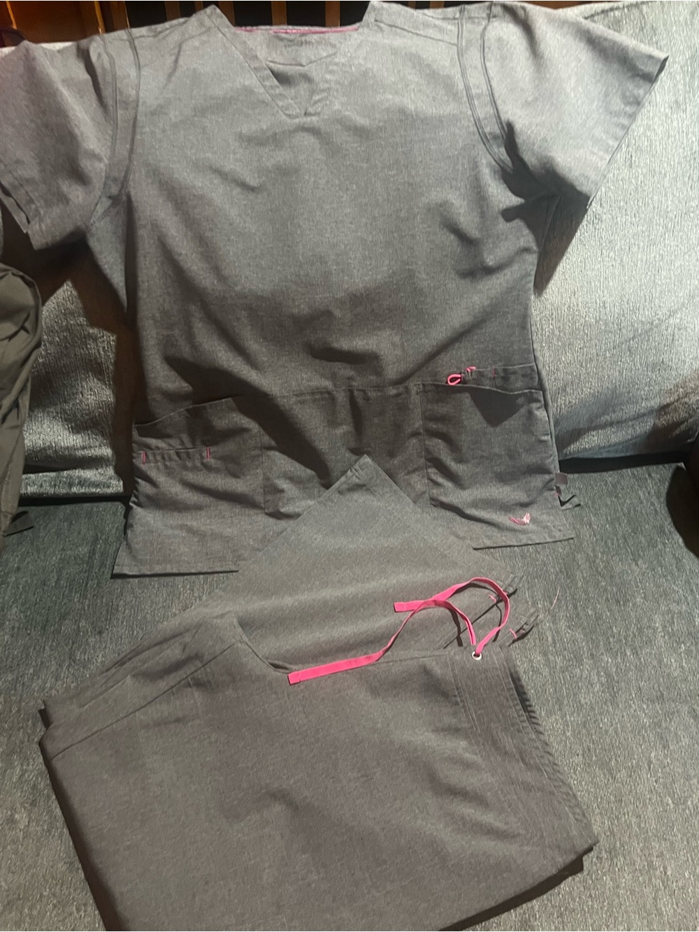 smitten Gray Scrub Set with Pink Trim - Women's Track Pants & Top